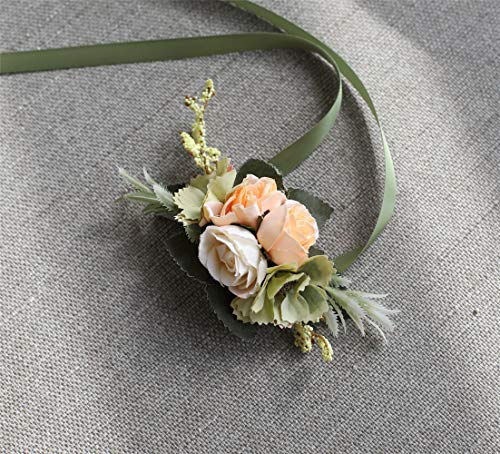 Rose Wedding Wrist Corsage and Boutonniere Set Party Prom Hand Ribbon Flower Suit Decor (Champagne) - color: Champagne