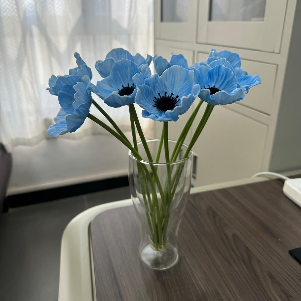Rikyo 10 pcs Artificial Flower Light Blue Poppy Flowers, 11” Outdoor No Fade Multicolor PU Fake Wild Flower for Kitchen Table Centerpiece Vase,Home Greenery Wedding Holding Flowers Backdrop Arch Wall - color: Light Blue