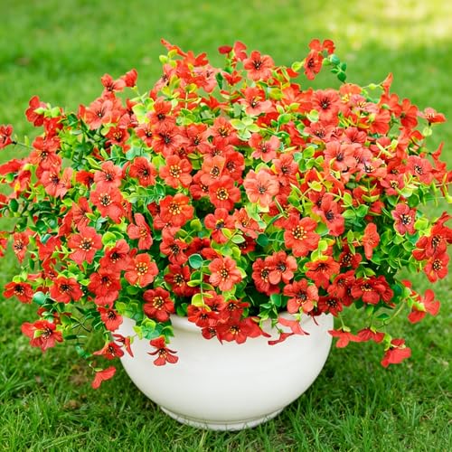 12 Bundles Artificial Flowers for Outdoor UV Resistant and Realistic, Faux Daisy Fake Flowers with Eucalyptus Leaves for Porch, Patio, Planter, Window Box, Home, Garden Decor - color: Red