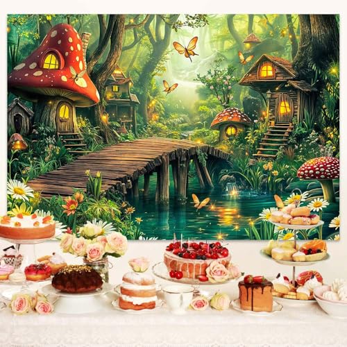 Spring Enchanted Forest Backdrop Green Fairy Tale Mushroom House Wonderland Jungle Photography Background Baby Shower Birthday Party Decorations Banner Photo Booth Props 5X3FT - color: Multi, size: 5X3FT