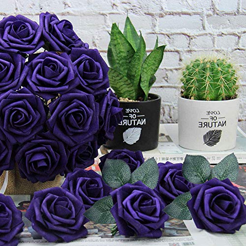 Higfra Artificial Flowers 25pcs Real Looking Dark Purple Foam Fake Roses with Stems for DIY Wedding Bouquets White Bridal Shower Centerpieces Arrangements Mothers Day Party Tables Decorations - color: Dark Purple, size: 25Pcs