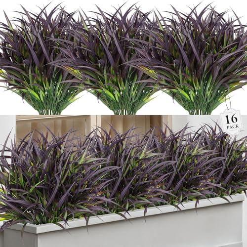 16 Pcs Artificial Plants Outdoor Fake Grass Faux Greenery Stems UV Resistant Plastic Plants Shrubs for Planters Patio Garden Front Porch Pathway Spring Summer Home Decor, Purple - color: Purple