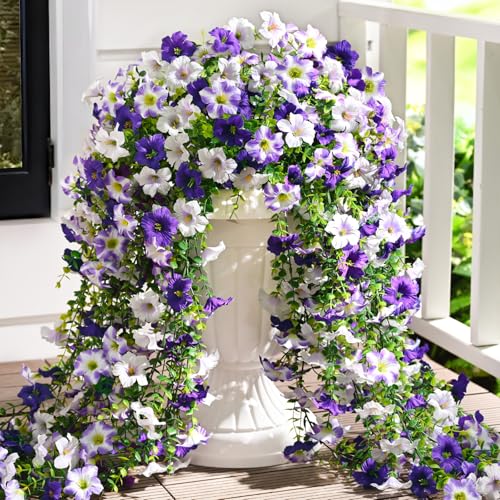 Waipfaru Artificial Petunias Flowers for Outdoors, 4 Pcs UV Resistant Fake Hanging Plants Spring Outside Decor, Faux Silk Flowers Long Trailing Vines for Outdoor Planters Porch Garden (Purple White) - color: Purple, size: 4 PCS
