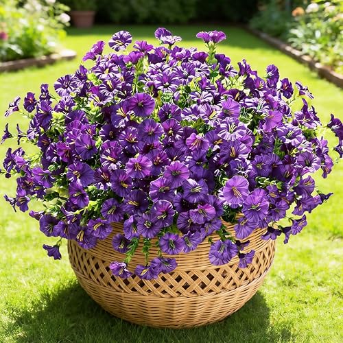 BSGlobal 12 Bundles Artificial Flowers for Outdoors Decoration, Faux Silk Morning Glory Flowers UV Resistant Fake Eucalyptus Plants for Spring Summer Garden Patio Home Decor (Purple) - color: Purple