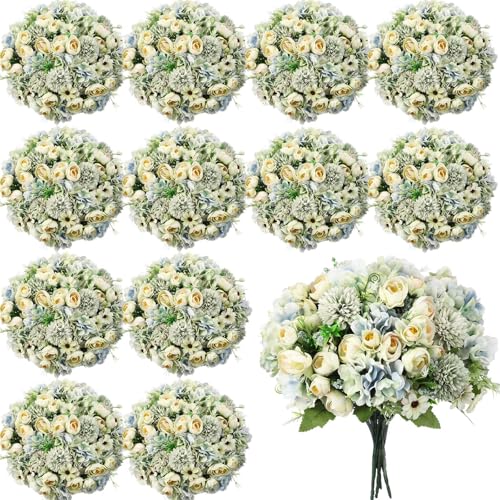 Tigeen Peonies Artificial Flowers Faux Roses Silk Flowers Hydrangea Artificial Bouquet for Wedding Table Centerpiece Floral Vase Home Office Bridal Decor(Green,12 Bundles) - color: Green