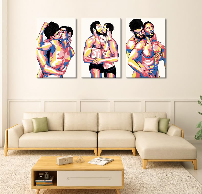 Large Size 3 Panels Sexy Men Gay Wall Art Canvas Paintings Colorful Nordic Sexy Home Wall Decoration Poster for Living Room Bedroom Wooden Inner Framed Ready to Hang-24x36 inch x 3pcs - color: Art08, size: 24x36x3pcs