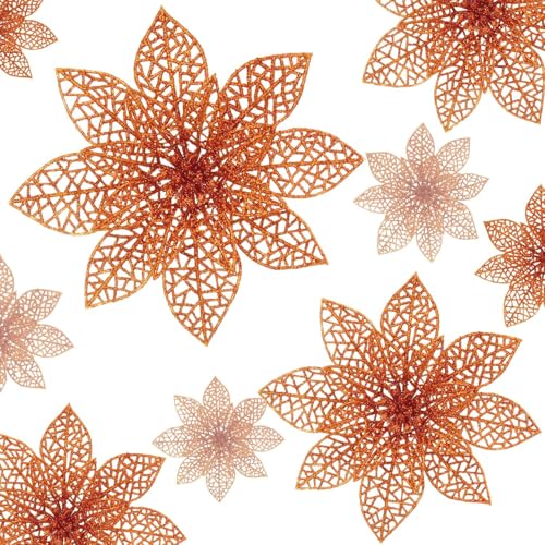 Wironlst 24 Pieces Glitter Poinsettia Flowers Christmas Tree Ornaments, Glitzy Poinsettia Bushes Christmas Decorations for Xmas/Holiday/Seasonal/Wedding (Orange) - color: Orange