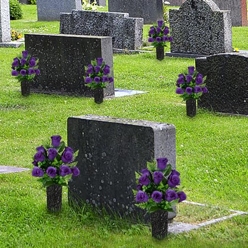 Artificial Cemetery Flowers, Grave Memorial Flowers, Set of 2 Artificial Rose Bouquet with Vase for Cemetery Headstones Gravesites Decoration (Purple) - color: Purple