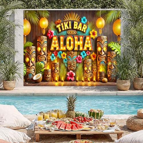 BlissYard Tiki Bar Aloha Luau Party Backdrop Tropical Hawaiian Banner 8x6FT Large Flamingo Beach Theme Photo Booth Background Summer Pool Party Birthday Indoor Outdoor Event Photography - color: Tiki Bar Aloha#01