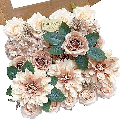 FACINOC Roses Artificial Flowers Bouquets Box Set for DIY Bridal Wedding Shower Decorations Centerpieces for Table Fake Floral Arrangement for Party Home Decor Indoor Taupe Beige - color: O (Beige, Taupe)