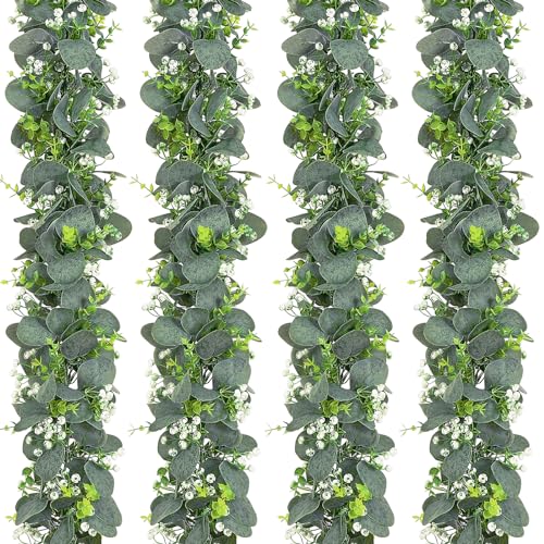 Dolicer 4 Packs 6FT Artificial Eucalyptus Garland, Faux Greenery Garland Fake Vines Hanging Silver Dollar Eucalyptus Leaves for Wedding Backdrop Arch Table Wall Party Home Decor - color: Grey Green With White Seed, size: 4 Packs