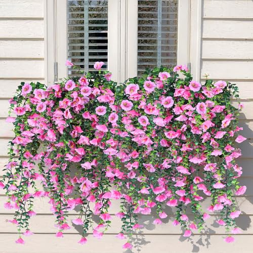 Artificial Flowers Fake Fall for Outdoor, 4 Pcs Faux Hanging Flowers Outdoor Fall Decor, No Fade UV Resistant Fake Mums Silk Flower for Front Door Porch Planters Patio Yard Garden autumn Pink - color: Pink