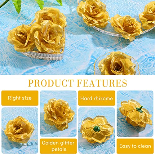 Syhood 100 Pcs Gold Artificial Flowers and Fake Roses Head 3 Inch Real Looking Silk Rose for DIY Wedding Bouquets Bridal Shower Centerpieces Floral Arrangements Party Tables Home Decorations