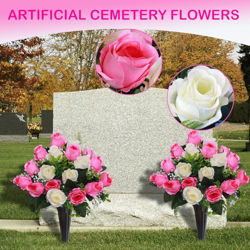 Lodou Set of 2 Artificial Cemetery Flowers, Memorial Flowers Bouquet,Grave Memorial Flowers with Vase for Cemetery Headstones Decoration (Pink White) - color: Pink White