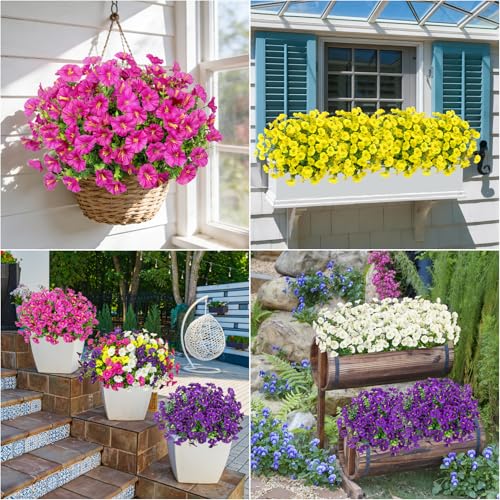 Bassion Artificial Flowers for Outdoors, 20 Bundles Silk Fake Flowers UV Resistant Realistic Morning Glory Faux Eucalyptus Plants for Outside Planters Porch Window Box Garden Indoor Decor - color: Mix Color