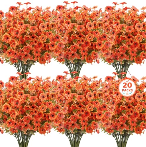 20 Bundles Artificial Fall Flowers for Outdoors Decoration, Fake Mums Silk Daisy Faux Plastic Plants Boston Fern UV Resistant for Autumn Thanksgiving Garden Planters Home Decor, Orange - color: Orange