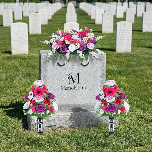 Artificial Flowers for Cemetery Grave: 2 Pcs Memorial Day Grave Decorations for Cemetery - Fake Purple Pink Roses Funeral Flowers Arrangements with Vase for Mothers Gravesite Outdoor - color: Pink & Purple