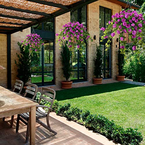 Homsunny Artificial Vine Silk Petunia Flowers Hanging Plant in Basket, Coconut Lining Basket Hanging Plant for Patio Lawn Garden Porch Spring Decor (Purple) - color: Dark Purple