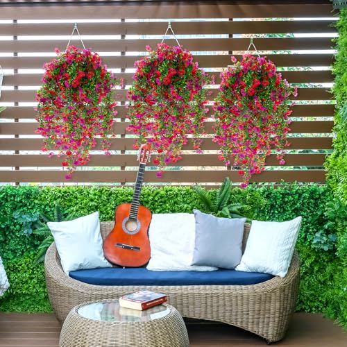 Suncalla 4 Pcs 30In Artificial Hanging Flowers for Outdoor Planter 156 Branches Trailing Faux Potted Plant Fake Floral UV & Fading Resistant for Wedding Patio Spring Summer Decor(Purple,Rose Red) - color: Purple,rose Red