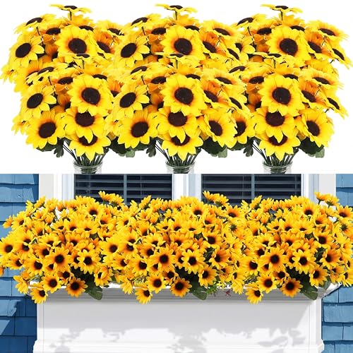 Redbaker 24 Bundles Yellow Sunflower Faux Mums for Outdoor Artificial Flower with Stems Bouquet Fake Plants Bulk UV Resistant Plastic No Fade Wedding Fall Garden Home Window Decor - color: Yellow, size: Summer Sunflower