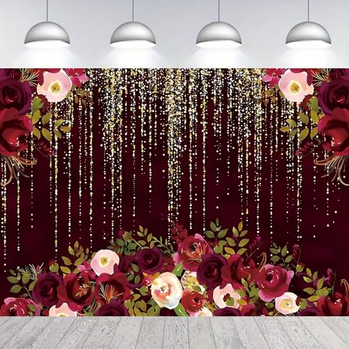 Red Rose Floral Theme Photography Backdrops Luxurious Vintage Red with Gold-Speckled Rose Backdrop Bridal Shower Wedding Anniversary Reception Ceremony Portrait Photo Booth Prop (C, 9 * 6feet) - color: C, size: 9*6feet