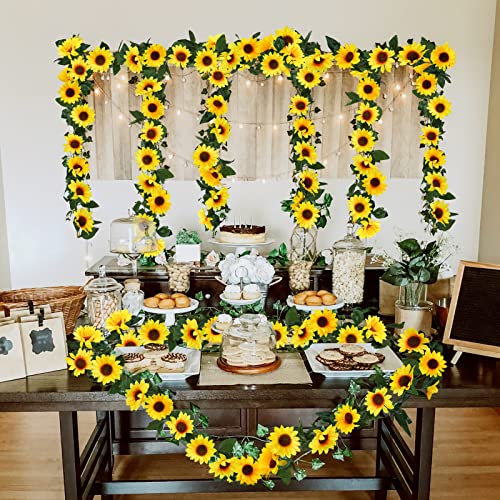 Uieke 3 Pack Artificial Sunflower Garland, 7.5ft/Strand Silk Sunflowers Hanging Vines Flowers with Green Leaves for Room Kitchen Garden Birthday Wedding Baby Shower Party Table Decor Large - size: Large