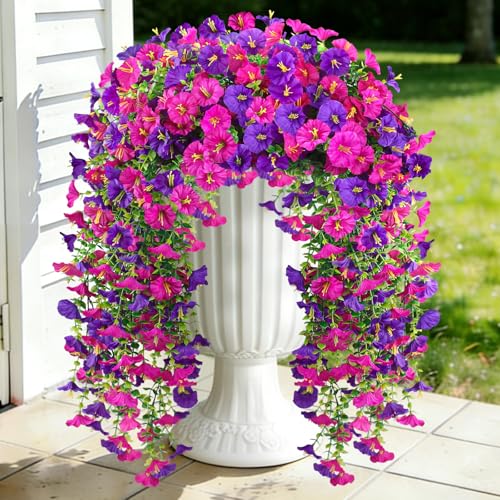 Artificial Hanging Flowers for Outdoors, 2PCS 300 Blooms UV Resistant Morning Glory Vine Fake Flowers with Eucalyptus, Realistic Silk Faux Hanging Plants Spring Summer Decorations (Purple and Lotus) - color: Purple and Lotus, size: 2PCS