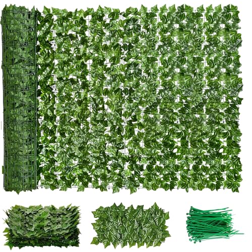 Faux Ivy Privacy Fence Screen 28PCS 20 x 20 Inch Artificial Faux Ivy Hedge Expandable Faux Privacy Fence with 100 pcs Zip Ties Decoration for Wall Screen, Outdoor Garden Wedding(275.6x40 inches) - size: 280x40 inches