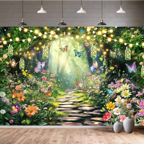 5X3ft Enchanted Forest Backdrop Butterfly Fairy Tale Wonderland Garden Photography Background Wedding Birthday Baby Shower Party Cake Table Decoration Photo Booth Props Wall Decor Banner - color: Multi5, size: 5X3FT