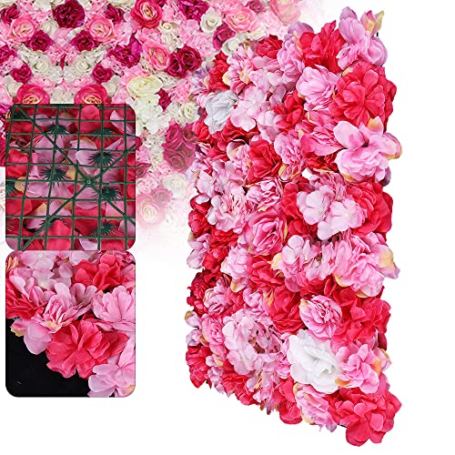 12 Pcs Artificial Flower Wall Panels 60x40cm 3D Flower Background for Wall, Wedding Flower Decorations Wall Silk Rose Panels for Photo Areas, Stage, 24 x16inch (Dahlia + Rose + Hydrangea) - color: 12 Pcs Rose Red Deep Powder