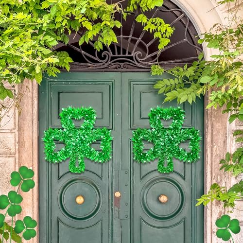 15.7 Inch St Patricks Day Shamrock Wreath for Front Door Shamrock Iron Wire Tinsel Wreath Lucky Clover Garland Hanging Ornaments for Irish Holiday Wall Window Party Decor - color: Shamrock