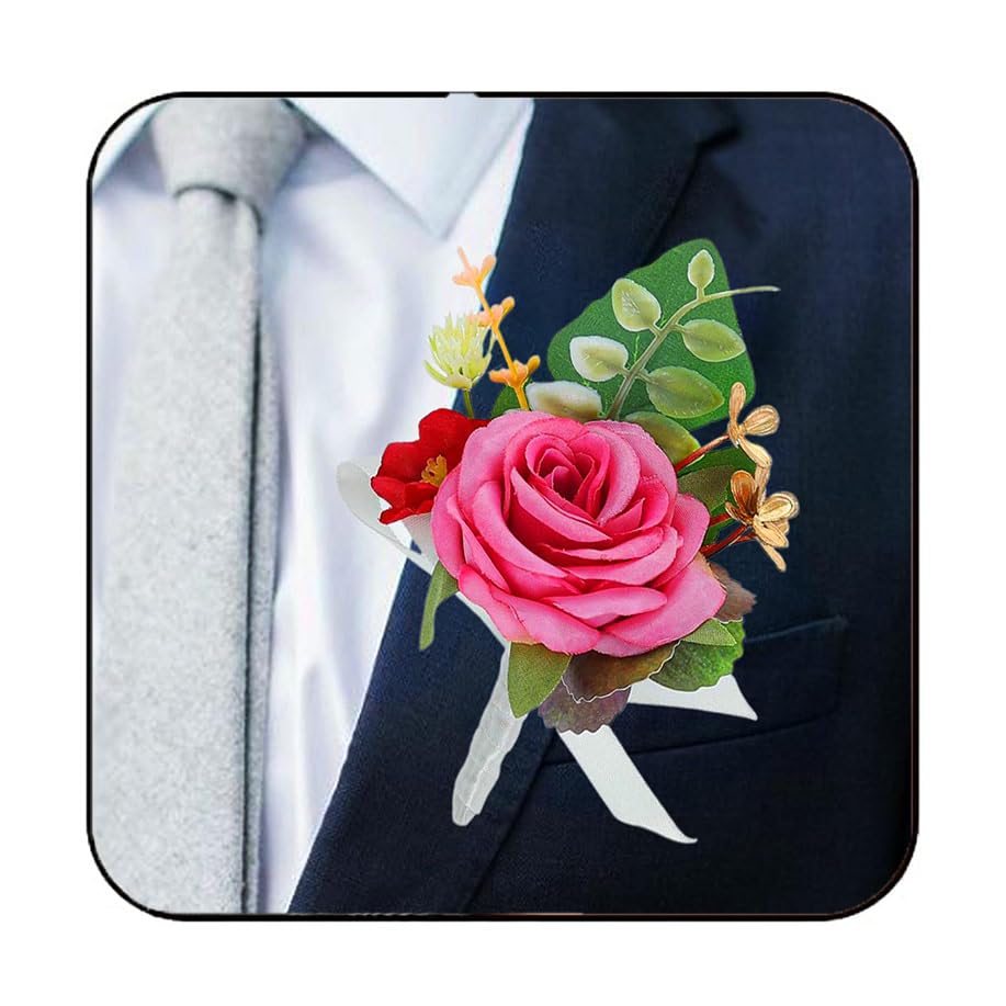 Bride Wedding Flower Boutonniere Red Rose Groom Buttonholes Prom Suit Decoration for Men and Groomsmans (Pink) - color: Pink