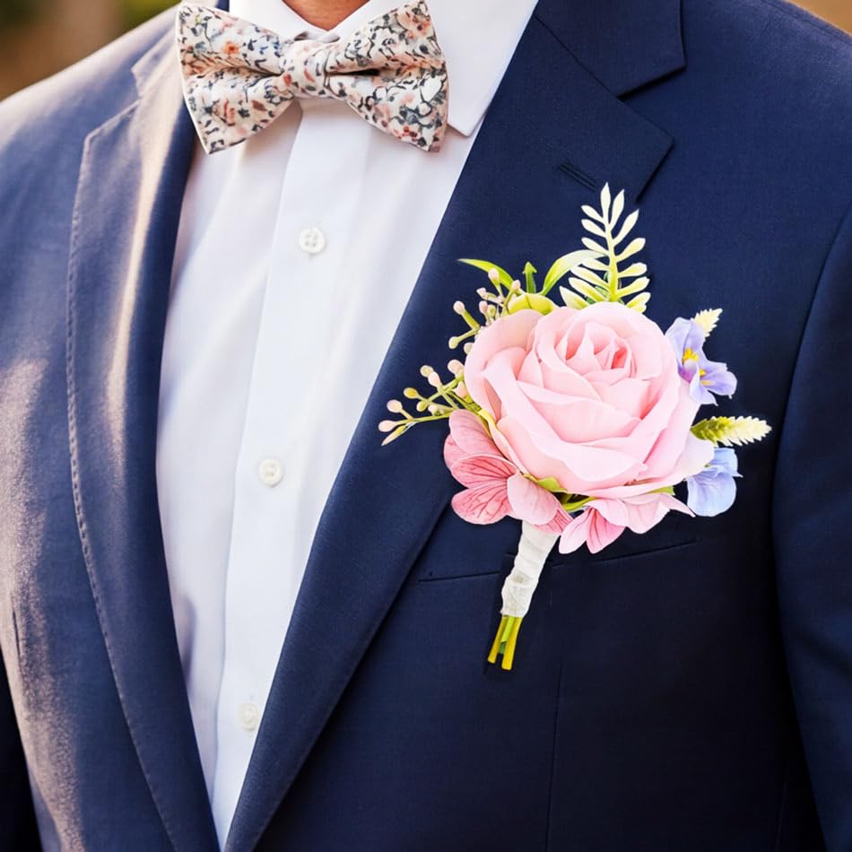 Wedding Flower Boutonniere Red Groom Rose Buttonholes Men's Boutineer Party Suit Decoration Prom Anniversary Accessories for Groomsmans and Man (Pink) - color: Pink