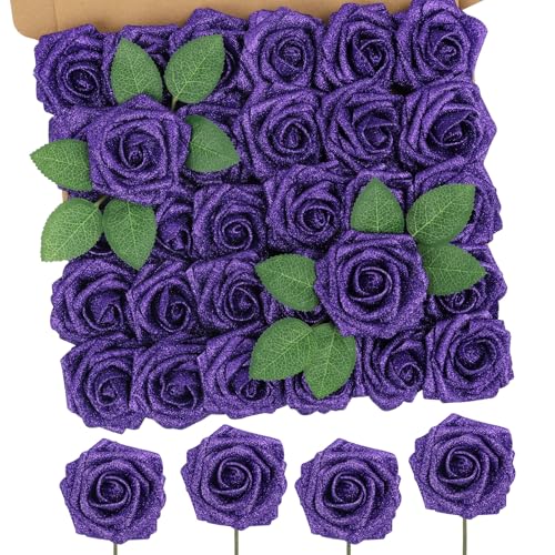 MACTING 30PCS Artificial Rose Flowers Real Touch Foam Roses with Stem Fake Glitter Flowers for DIY Wedding Bouquet Table Centerpieces Party Holiday Wreath Home Spring Mothers Day Decorations,Purple - color: Glitter Purple, size: 30PCS