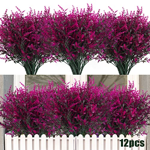 Outdoor Artificial Plant UV Resistant Fake Stems Plants, Faux Plastic Greenery for Indoor Outside Hanging Plants Garden Porch Window Box Home Wedding Farmhouse Outdoor Decorations for Patio(Fuchsia) - color: Fuchsia, size: 12 Bundles