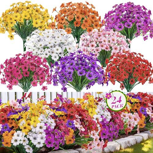 Der Rose 24 Bundles Artificial Flowers for Outdoor UV Resistant Faux Plants Spring Flowers for Outdoor Planters Wedding Home Garden Patio Porch Decor (8 Colors) - color: Multi Color-a