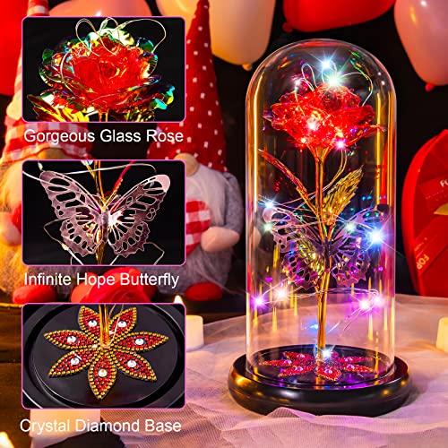 Mothers Day Flowers Gifts for Mom Women Birthday Gift, Galaxy Glass Rose Forever Eternal Crystal Flowers Rose in Glass Dome with Butterfly Mother's Day Roses Gifts for Mom Daughter Wife Grandma Red - color: E Red