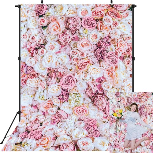 5x7ft Pink Rose Floral Wall Backdrop Flower Wall Decorations Photography Background for Wedding Mother's Day Birthday Bridal Shower Valentine's Day Party Decoration Banner Studio Props - size: 5x7ft