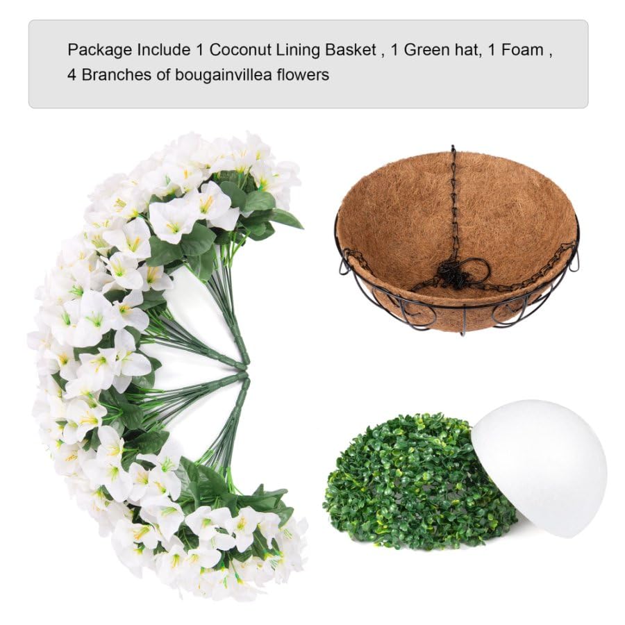 Artificial Hanging Flowers Faux Plants Basket for Outdoors Spring Summer Decor, Fake Silk Bougainvillea in Planter Outdoor Look Real UV Resistant Faux Flower for Outside Porch Patio Garden Home, White - color: White-new