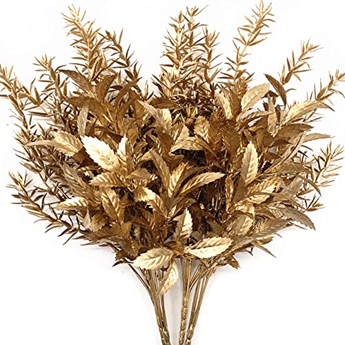 CATTREE Artificial Gold Plants for Christmas, Golden Leaves Plant Plastic Faux Shrubs Fake Simulation Spiky Grass Bushes for Indoor Outdoor Wedding Decoration Hall Table Planter Filler 4 Pack - color: Gold Leaves Grass-2 Pcs & Gold Spiky Grass-2 Pcs