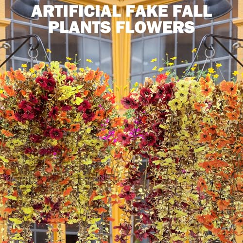 6 Pcs Fall Artificial Hanging Flowers Outdoor Faux Silk Mum Plant Decor Violet with Eucalyptus Realistic UV Resistant Trailing Vine Autumn Thanksgiving Porch Yard(Retro Color,Violet) - color: Retro Color,, style: Violet