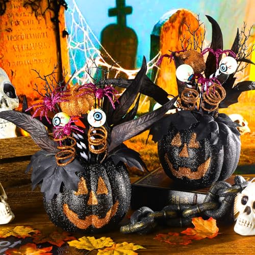 Giegxin 2 Pack Halloween Table Centerpieces Decorations 14'' x 10'' Pumpkin Table Artificial Flowers Tabletop Decor with Spider and Eyeball Halloween Tabletop Decor for Home Kitchen Indoor Outdoor - style: Black Pumpkin