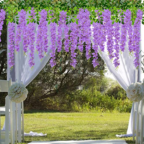 U'Artlines 24 Pack (Total 86.4 Feet) Artificial Fake Wisteria Vine Rattan Hanging Garland Silk Flowers String Home Party Wedding Decor (24, Purple) - color: Purple