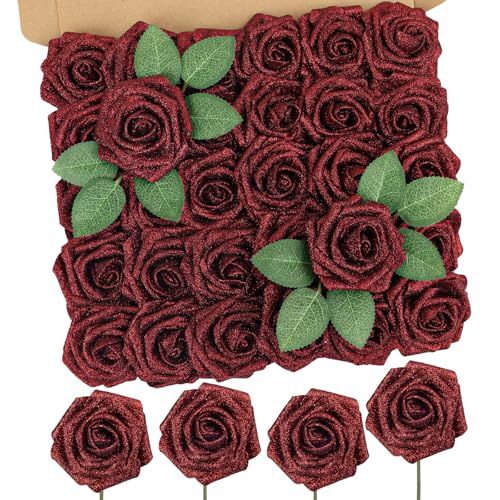 MACTING Mothers Day Flowers 30PCS Artificial Glitter Roses Real Touch Red Flowers with Stem Foam Roses for Wedding Bouquet Table Centerpieces Party Wreath Home Spring Graduation Decorations - color: Glitter Dark Red, size: 30PCS