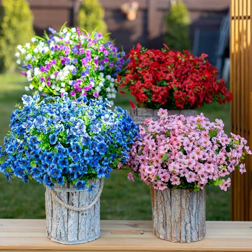 AXYLEX Artificial Flowers for Outdoors, 16 Bundles Fake Plants (Blue) | UV resistant faux plastic flowers, no fade artificial greenery – garden, patio, porch & home - color: Blue