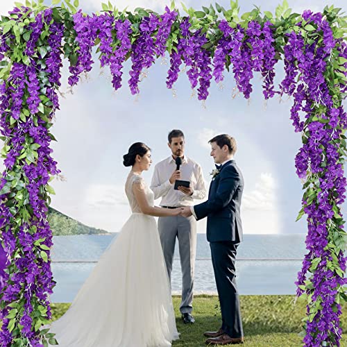 dallisten Wisteria Artificial Flowers Garland, 2Pcs 7.2Ft/Piece Silk Fake Wisteria Vine Kit, Hanging Flower for House Outdoor Garden Ceremony Outside Wedding Arch Floral Decor (2, Purple) - color: Purple