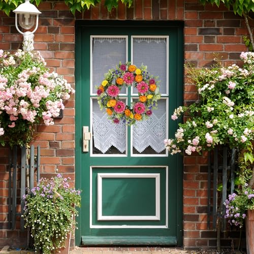 YNYLCHMX 20 inch Spring/Summer Front Door Ring Wreath, Simulated Colorful Daisy Petals, Suitable for Wall Window Farm Parties, Festivals, Home Decoration - color: Mixed Daisy