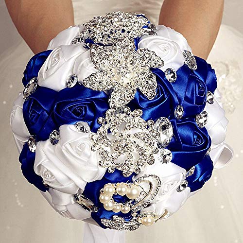Wedding Bouquets Crystal Satin Rose Bride Bridal Bouquet Romantic Bridesmaid Holding Flower for Valentine's Day Confession Party Church Decor (Royal Blue White) - color: Royal Blue White