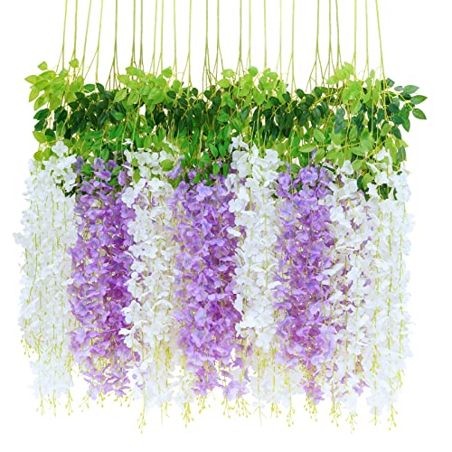 BLEUM CADE 20Pcs White & Purple Fake Wisteria Hanging Flowers, 3.6Ft/Pcs Artificial Wisteria Garland, Hanging Flowers for Wedding Party Home Backdrop Wall Decoration - color: White & Purple, size: 20pcs