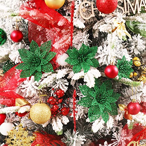 Wironlst 24 Pieces Glitter Poinsettia Flowers Christmas Tree Ornaments, Glitzy Poinsettia Bushes Christmas Decorations for Xmas/Holiday/Seasonal/Wedding (Green) - color: Green